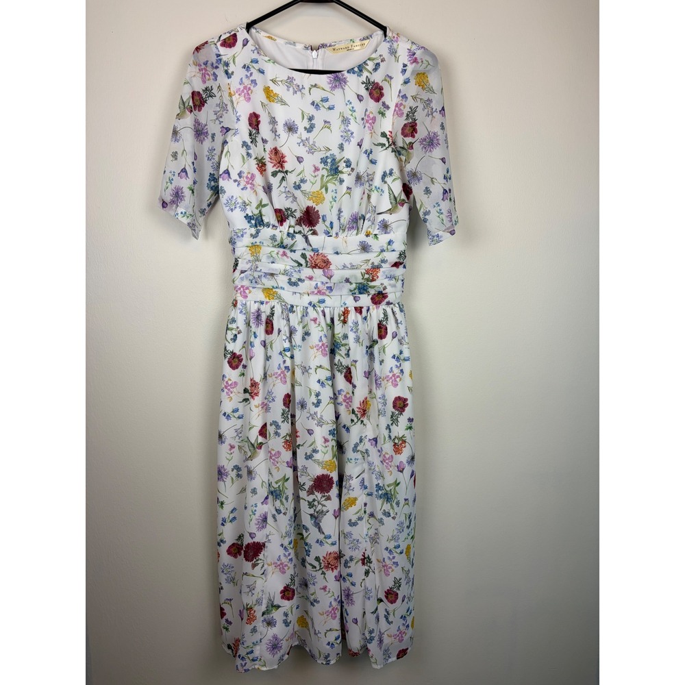 Wayward Fancies eShakti Midi‎ Dress Small 6 White Floral Hummingbird Cottagecore